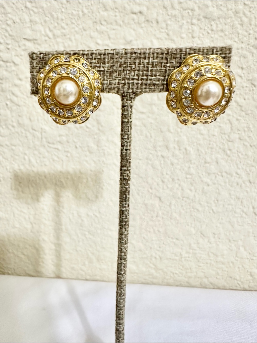 Vintage Gold-Plated Pearl & Crystal Floral Stud Earrings